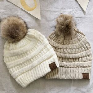 C.C Cable Knit Faux Fur Pom Pom Beanie Hats Bundle of 2!
